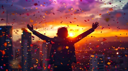 Celebrating individual standing arms raised amidst confetti with sunset behind in the city. Vibrant, joyful urban celebration moment captured. AI - obrazy, fototapety, plakaty