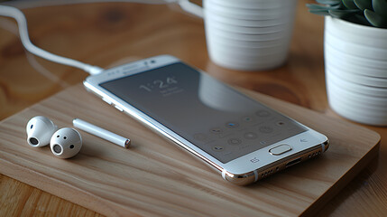 White Samsung Android Smartphone Turned Beside W,
Close up on blank mobile phone with power bank held in hand
