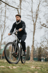 Fototapeta premium Focused man on bicycle in park with headphones, active lifestyle concept.