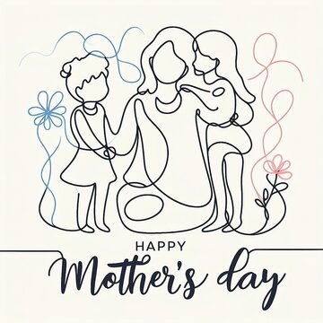 Mother's day background with children and woman illustration. Simple vector web banner. One continuous line drawing with lettering happy Mother's day created with generative ai	