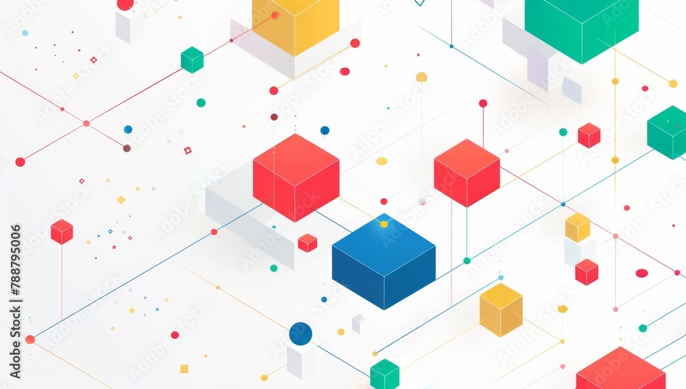 Poster graphic of an isometric network, colorful lines and dots connecting simple geometric shapes on a whi