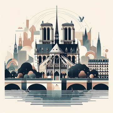 Notre Dame Cathedral in france, Paris France. contemporary style minimalist artwork collage illustration created with generative ai