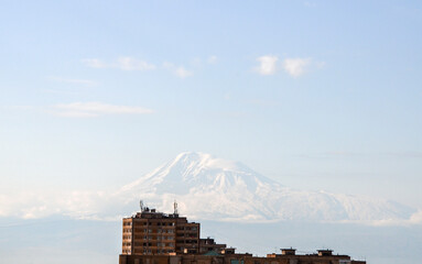 Snow covered and majestic Mount Ararat dominates the urban landscape of Yerevan, the capital of Armenia