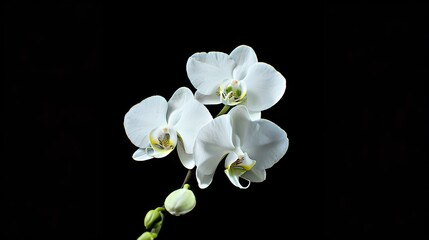 Naklejka na ściany i meble Elegant white orchid blooms isolated on black background, perfect for decor, greetings and invitations. Simple yet captivating beauty of nature showcased. AI