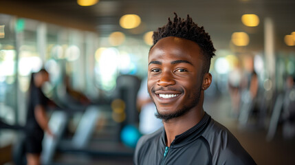 Young black man in a gym, looking at the camera and smiling, with machines and gym equipment. Workout and fitness. Copy space.