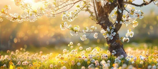 Blossoming tree set against a natural backdrop with spring flowers. - obrazy, fototapety, plakaty