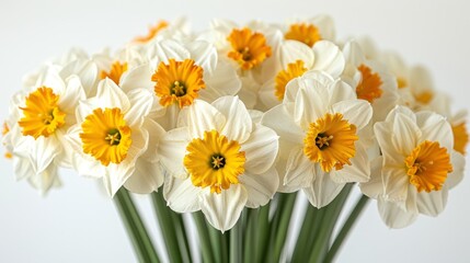  A vase holds white and yellow blooms with green stems against a white backdrop