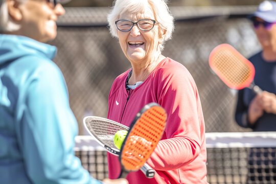 Old gray-haired smiling woman playing tennis