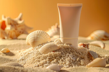 Sunscreen in white plastic tube. Studio photo shoot with sand, shells and white stones.