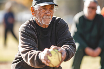An old man plays baseball