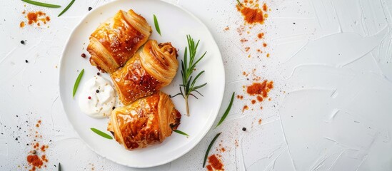 Cheese and meat-filled savory pastries on a white plate, accompanied by yogurt, positioned vertically with empty space for text. - obrazy, fototapety, plakaty