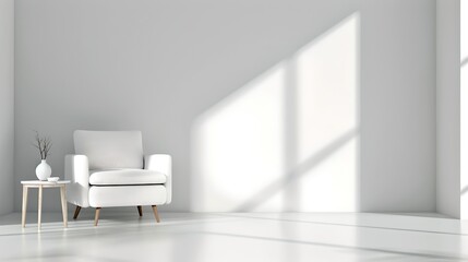 Fototapeta na wymiar Minimalistic white living room with armchair and side table. Modern home interior with natural light. Stylish and serene space ideal for relaxation and modern living. AI