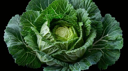 Fototapeta premium A tight shot of a head of lettuce against a black backdrop, featuring a white dot in its focal point