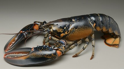 a black and orange lobster is sitting on a white surface