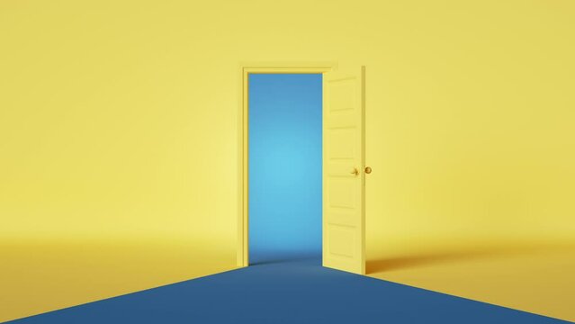 3d animation. Bright blue light behind the opening door inside the empty yellow room. Simple cartoon style. Modern minimal animated background. Opportunity metaphor