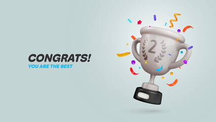 Second place, win silver champion cup with colorful confetti 3d vector illustration. Cartoon trophy bowl with flying foil on light grey background. Win prize, 2nd place sport competition vector banner