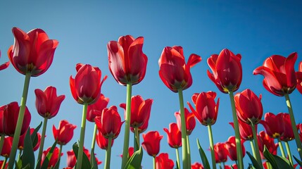 The vibrant red tulips stand out against the backdrop of the clear blue sky
