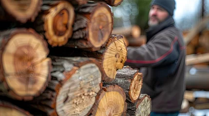  A stack of firewood takes center stage with a worker blurred in the background © 2rogan