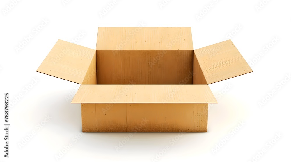 Poster open cardboard box on white background. simple storage solution. ideal for moving day. empty and rea