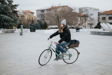 A young adult female enjoys a leisurely bike ride across an empty city square, evoking a sense of freedom and everyday life in an urban setting.