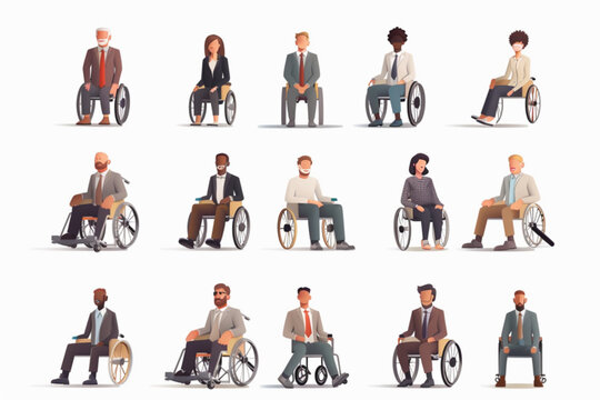 Collection of business men of different ages and races on a white background. Active and young, a smiling guy in a wheelchair 3D avatars set vector icon, white background, black colour icon