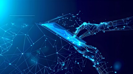 Digital hand reaching out in a dynamic motion, futuristic cyberspace concept. Abstract technology, blue themed, virtual representation of innovation. AI