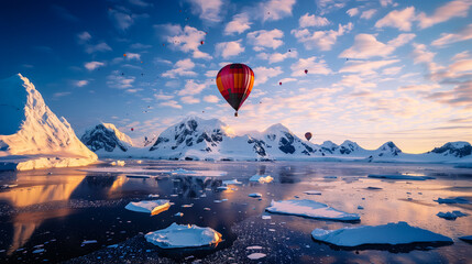 A group of hot air balloons are flying over a frozen lake - obrazy, fototapety, plakaty