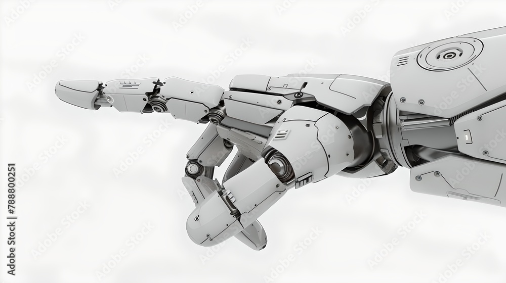 Poster futuristic robotic arm extended towards camera on a white background. industrial automation concept 