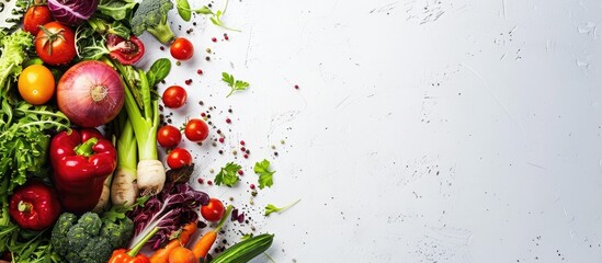 Fresh organic vegetables arranged on a white background, seen from above, with space for text.