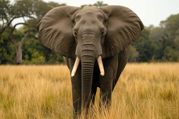 Fototapeta premium A solitary elephant gently traverses the grassland, its ears spread wide and tusks prominent, set against a backdrop of verdant trees in a tranquil natural scene.