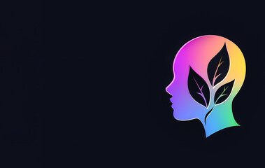 Human head profile with flower leaves isolated on black background with copy space, Thinking, meditation, and mind power concept