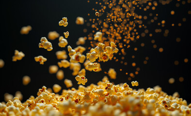 A still life of yellow popcorn falling on a black background (edited generative AI) - obrazy, fototapety, plakaty