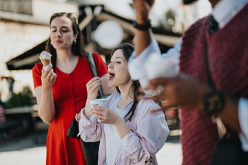 Stylish young friends hanging out and eating ice cream in the city, embodying freedom and enjoyment on a weekend.