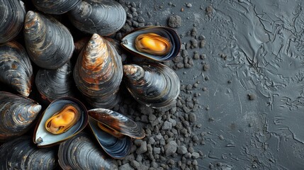A stack of mussels on a dark wood canvas, resembling a painting