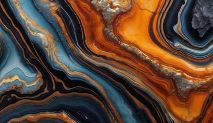 Blue, gold and orange marble and stone abstract background, mosaic polished granite surface, close-up view. Flat lay, top view. Stone backdrop for banner, wallpaper design