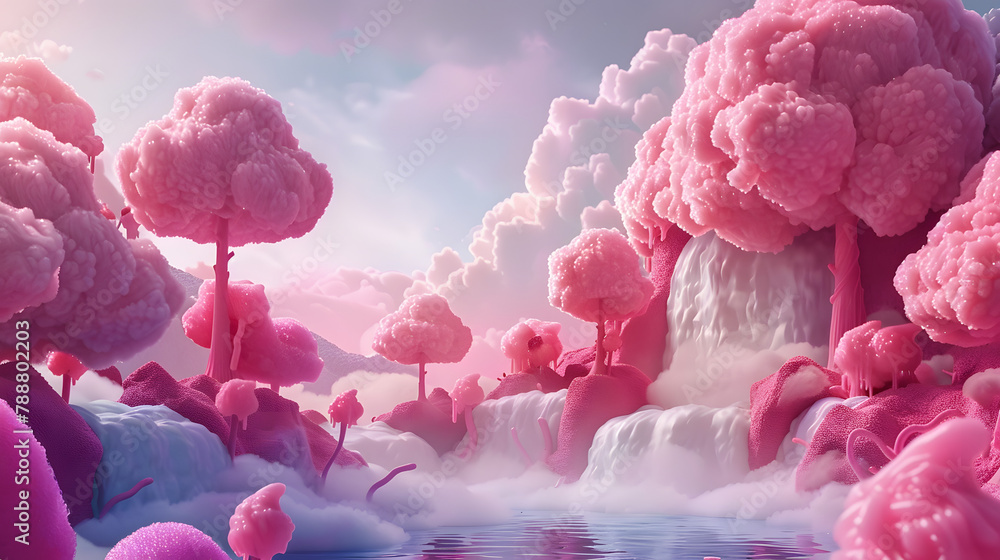 Poster 3d animation of a candy floss forest with a sugary waterfall and enormous cotton candy trees in the 