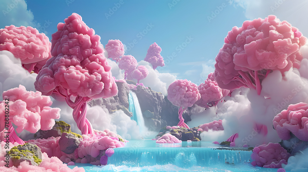 Poster 3d animation of a candy floss forest with a sugary waterfall and enormous cotton candy trees in the 