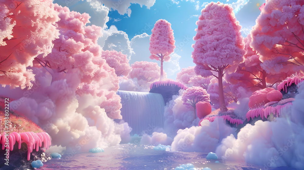 Poster 3d animation of a candy floss forest with a sugary waterfall and enormous cotton candy trees in the 