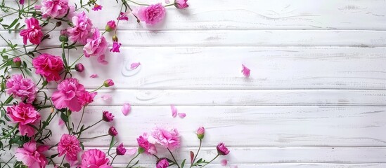 Arrangement of flowers. Pink flowers displayed on a white wooden surface. Suitable for Valentine's Day. Overhead view with blank space for text.