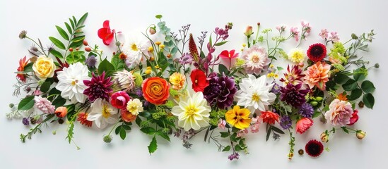 Artistic arrangement comprised of different flowers and foliage laid flat, symbolizing the essence of spring.