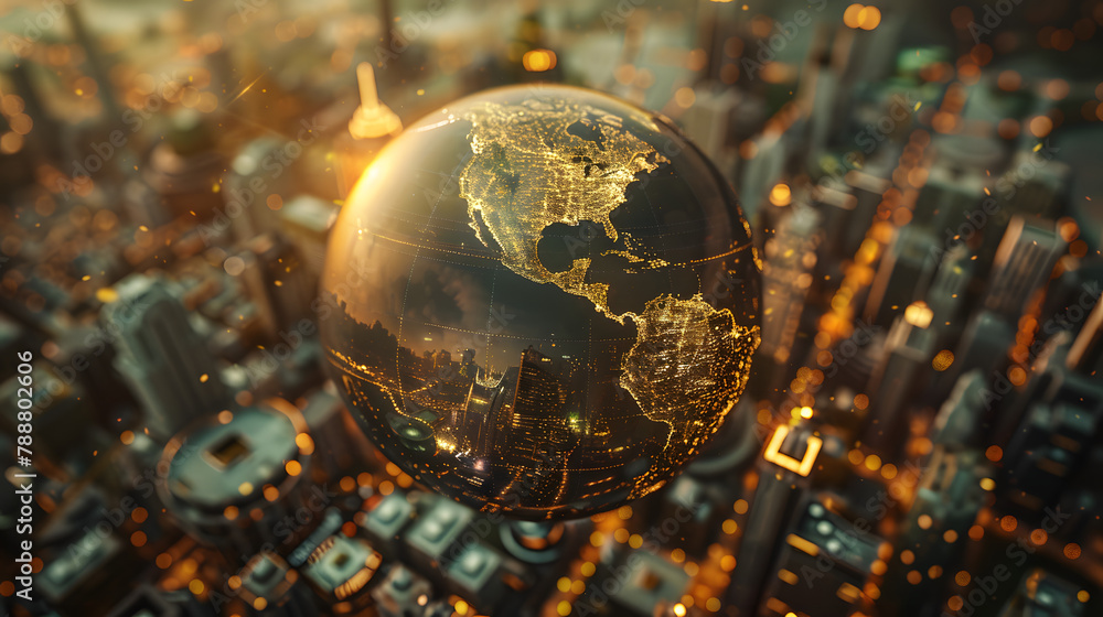 Poster 3d concept of the world surrounded by urban constructions. the world is painted in tints of topaz an