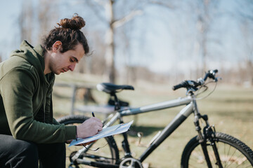 A focused man sits next to his mountain bike in a sunny park, deeply engrossed in writing notes in his notebook.