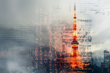 Tokyo Skyline Meets Tradition - Tokyo Tower and Temple Double Exposure