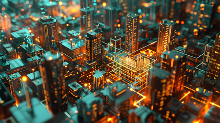 3D depiction of the world surrounded by metropolitan buildings. The world is painted in tones of copper and teal