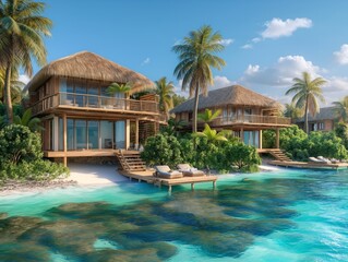 A beach house with a dock and a pool. The house is surrounded by palm trees and the water is blue - obrazy, fototapety, plakaty