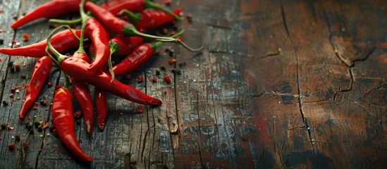 Keuken spatwand met foto Red hot chili peppers placed on the textured surface of an old wooden table. © Vusal