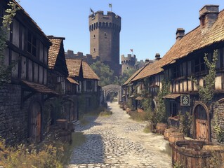 A village with a castle in the background. The castle is tall and has a tower. The village is old and has a lot of buildings. The buildings are made of stone and have roofs - obrazy, fototapety, plakaty