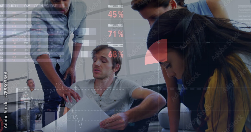 Aufkleber group of diverse colleagues examining documents, overlay of graphs visible