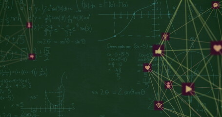 School blackboard covered in complex mathematical equations and geometric shapes