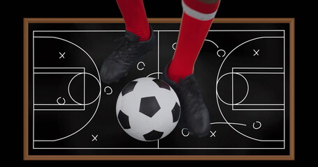 Person wearing soccer cleats stepping on ball, chalkboard with game plan behind